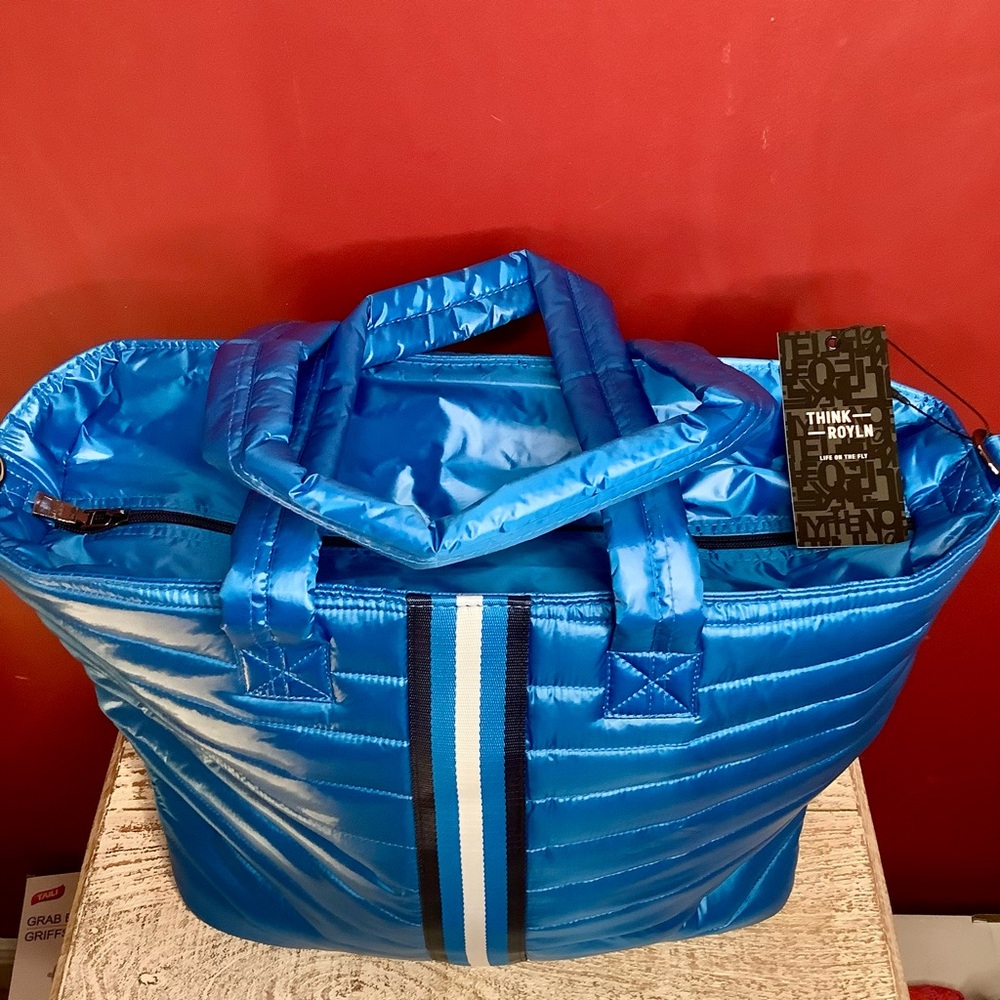 THINK ROYLN Metallic Blue Puffer TENNIS TOTE BAG Detachable Strap & Zip Pouch